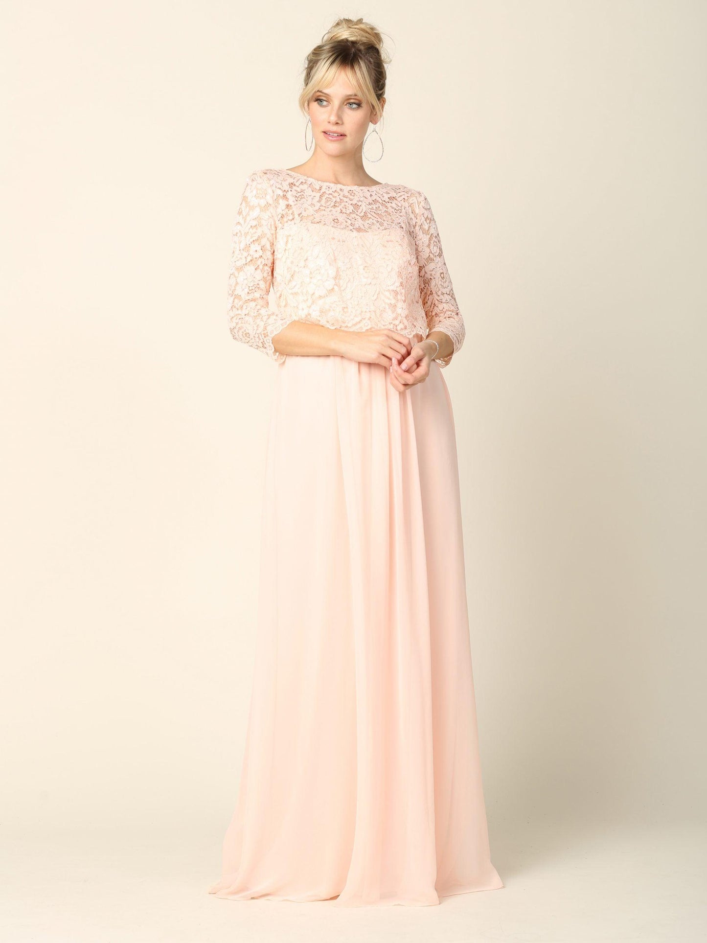 Long 3/4 Sleeve Mother of the Bride Chiffon Dress - The Dress Outlet