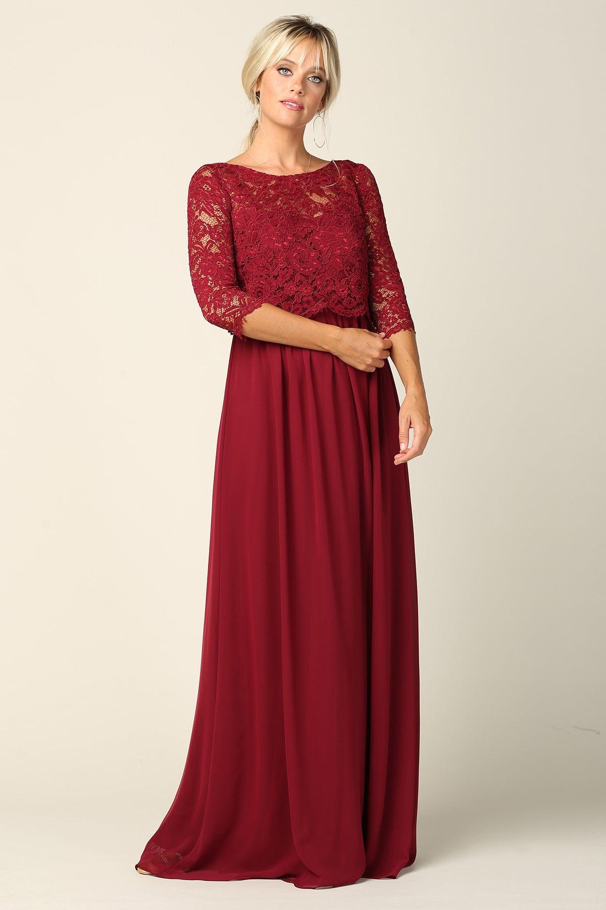 Long 3/4 Sleeve Mother of the Bride Chiffon Dress - The Dress Outlet