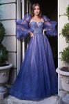 Long A Line Long Sleeve Prom Dress Smoky Blue