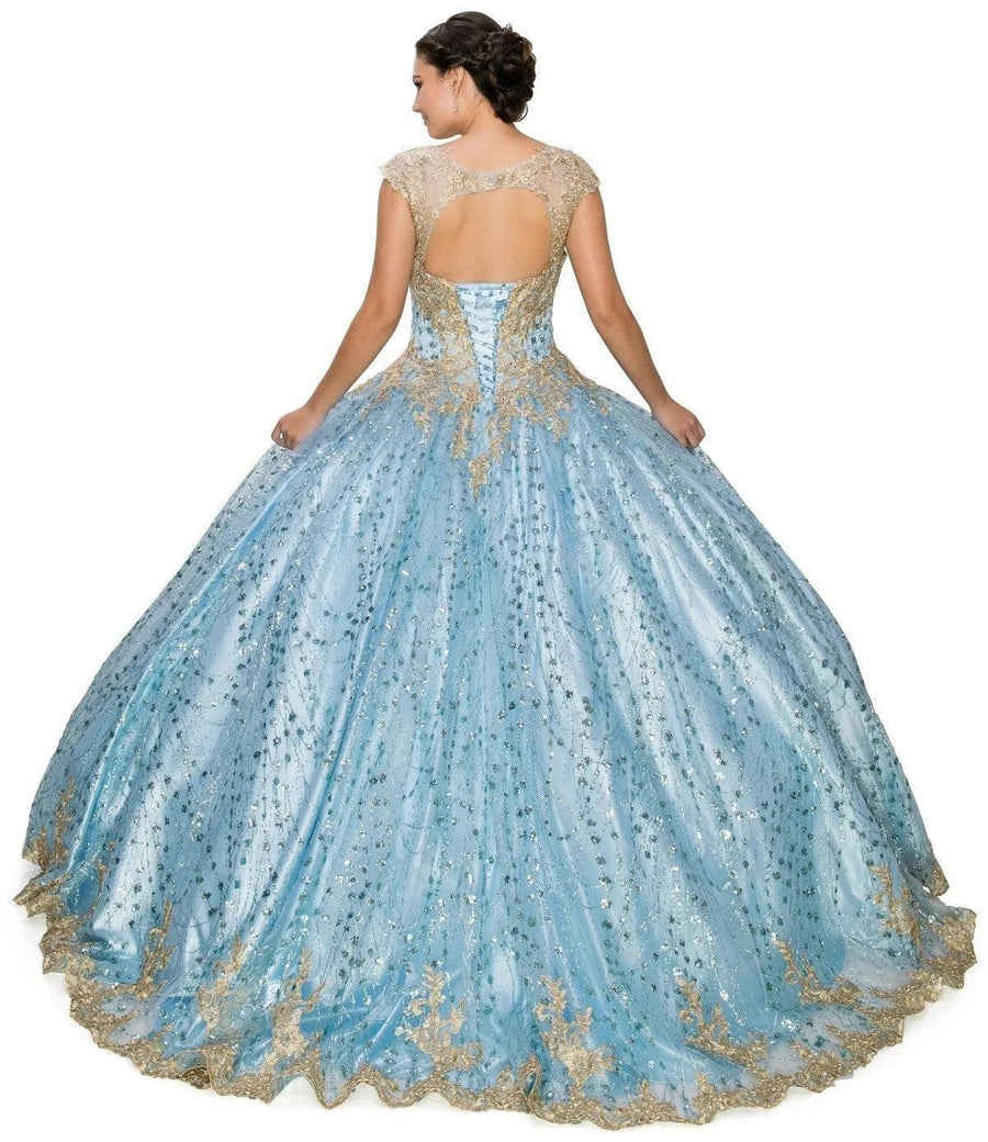 Long Ball Gown Cap Sleeve Glitter Quinceanera Dress - The Dress Outlet