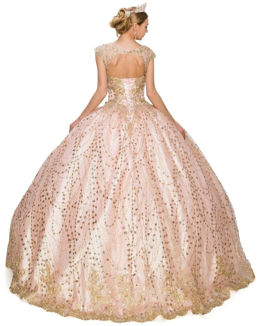 Long Ball Gown Cap Sleeve Glitter Quinceanera Dress - The Dress Outlet