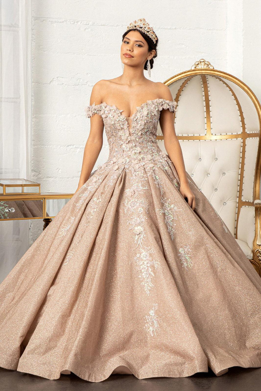 Long Ball Gown Glitter Crepe Quinceanera Dress - The Dress Outlet