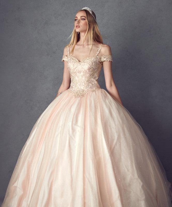 Long Ball Gown Off Shoulder Beaded Quinceanera Dress - The Dress Outlet