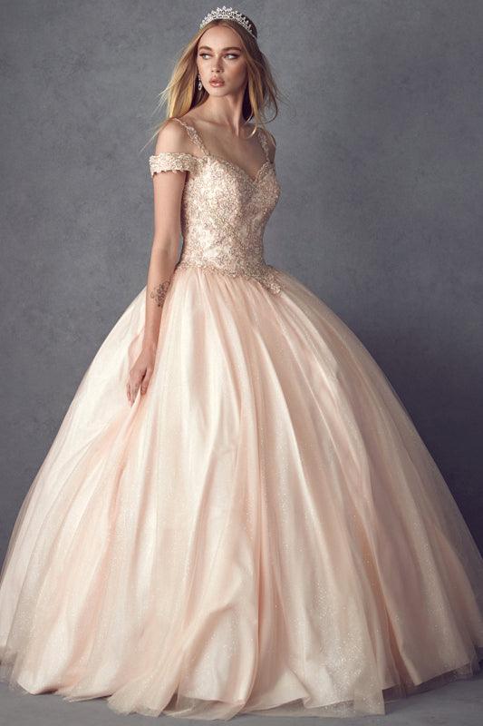 Long Ball Gown Off Shoulder Beaded Quinceanera Dress - The Dress Outlet