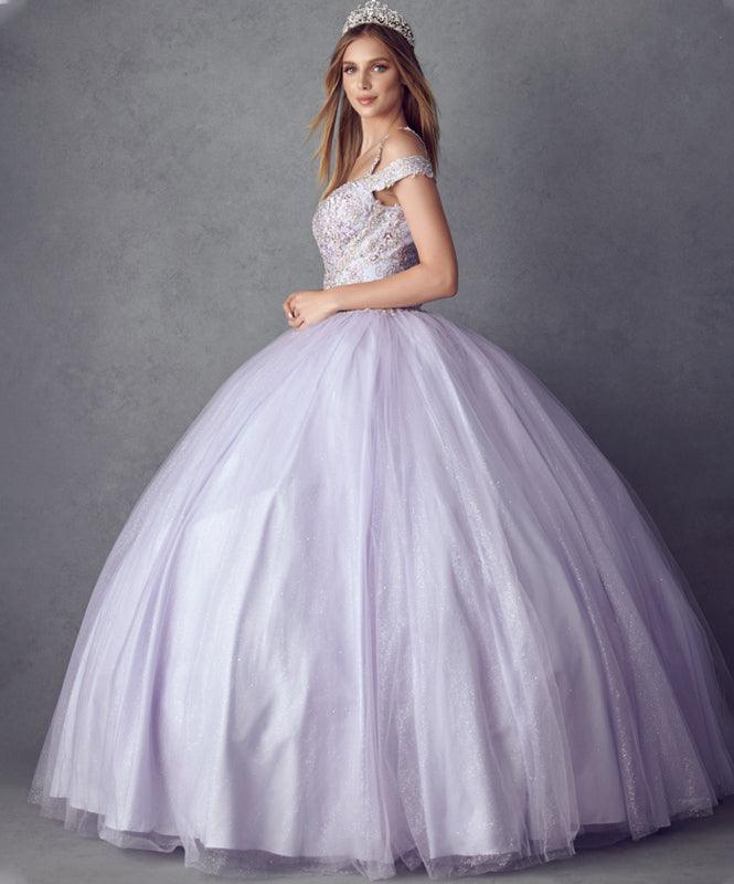 Long Ball Gown Off Shoulder Beaded Quinceanera Dress - The Dress Outlet