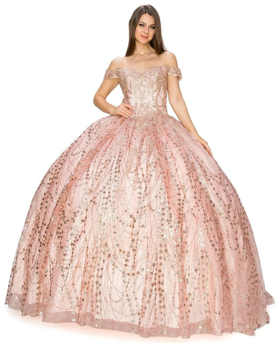 Long Ball Gown Off Shoulder Glitter Quinceanera Dress - The Dress Outlet