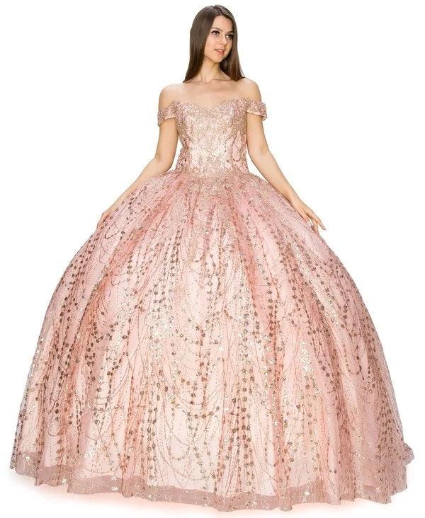 Long Ball Gown Off Shoulder Glitter Quinceanera Dress - The Dress Outlet