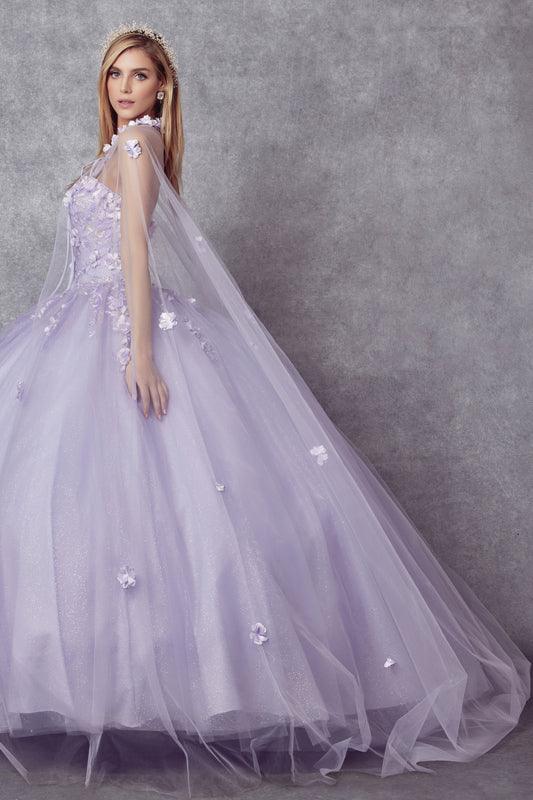 Long Ball Gown Strapless Quinceanera Cape Dress - The Dress Outlet