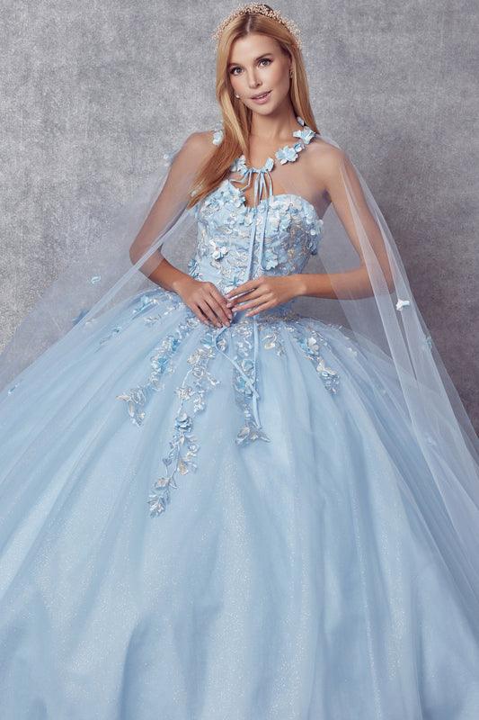 Long Ball Gown Strapless Quinceanera Cape Dress - The Dress Outlet