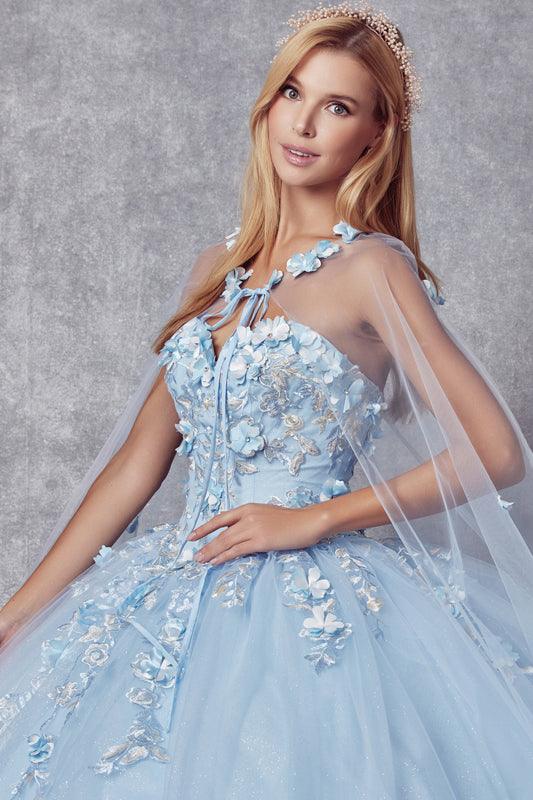 Long Ball Gown Strapless Quinceanera Cape Dress - The Dress Outlet