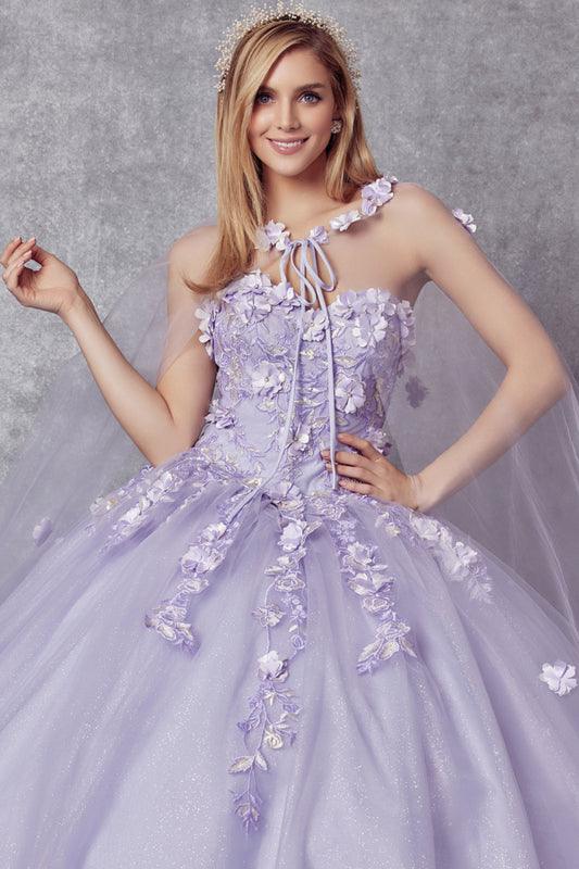 Long Ball Gown Strapless Quinceanera Cape Dress - The Dress Outlet