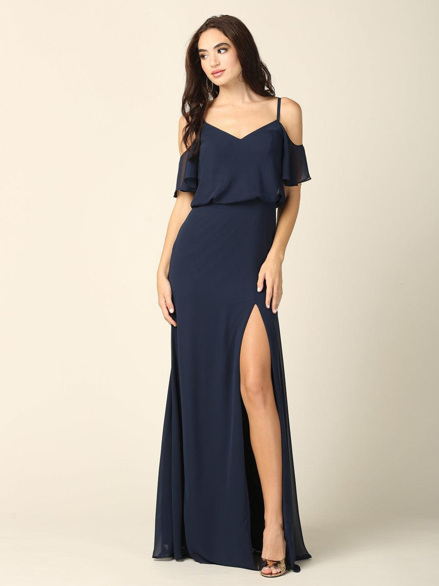 Long Bridesmaids Off Shoulder Blouson Dress - The Dress Outlet