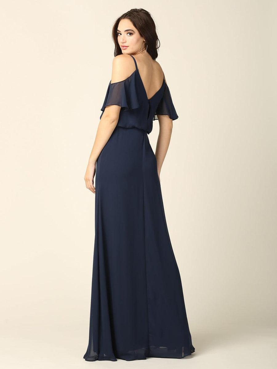 Long Bridesmaids Off Shoulder Blouson Dress - The Dress Outlet