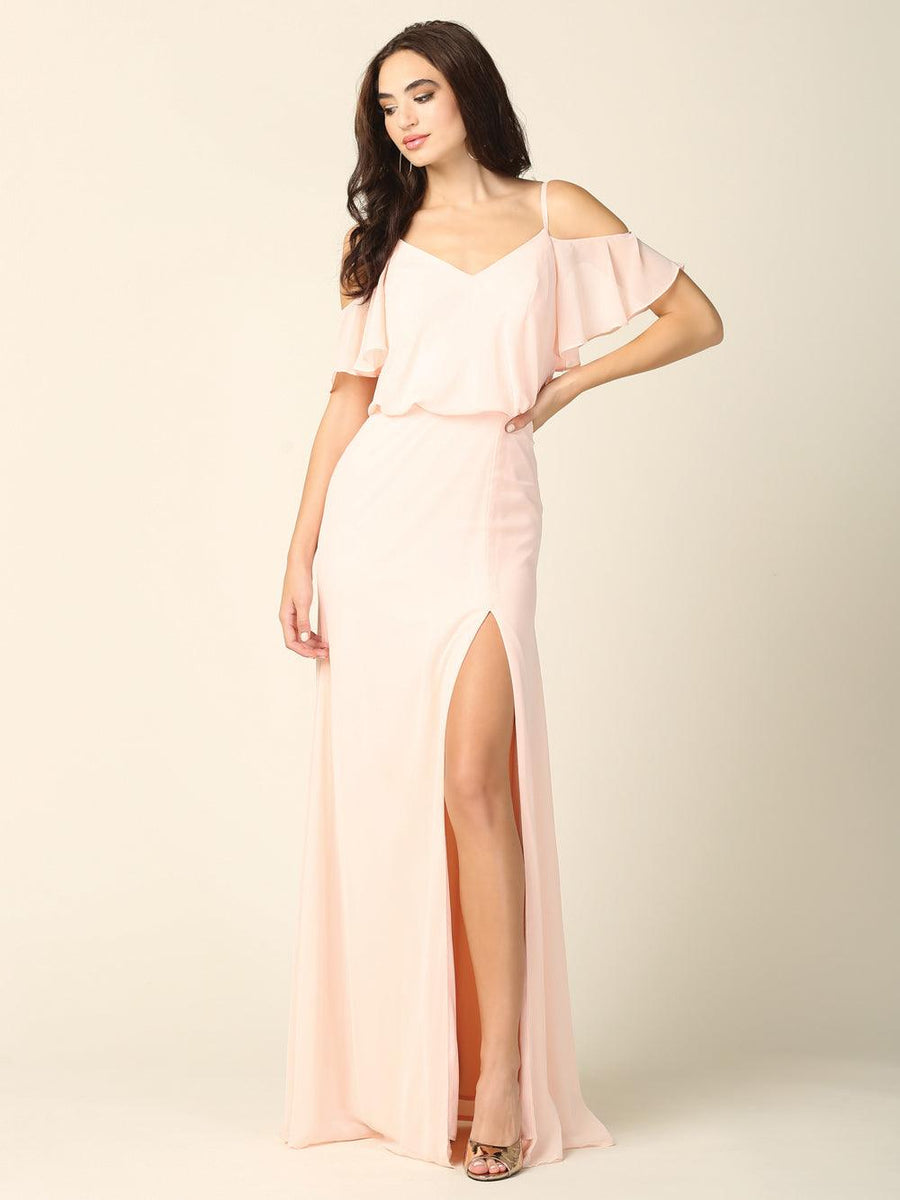 Long Bridesmaids Off Shoulder Blouson Dress - The Dress Outlet