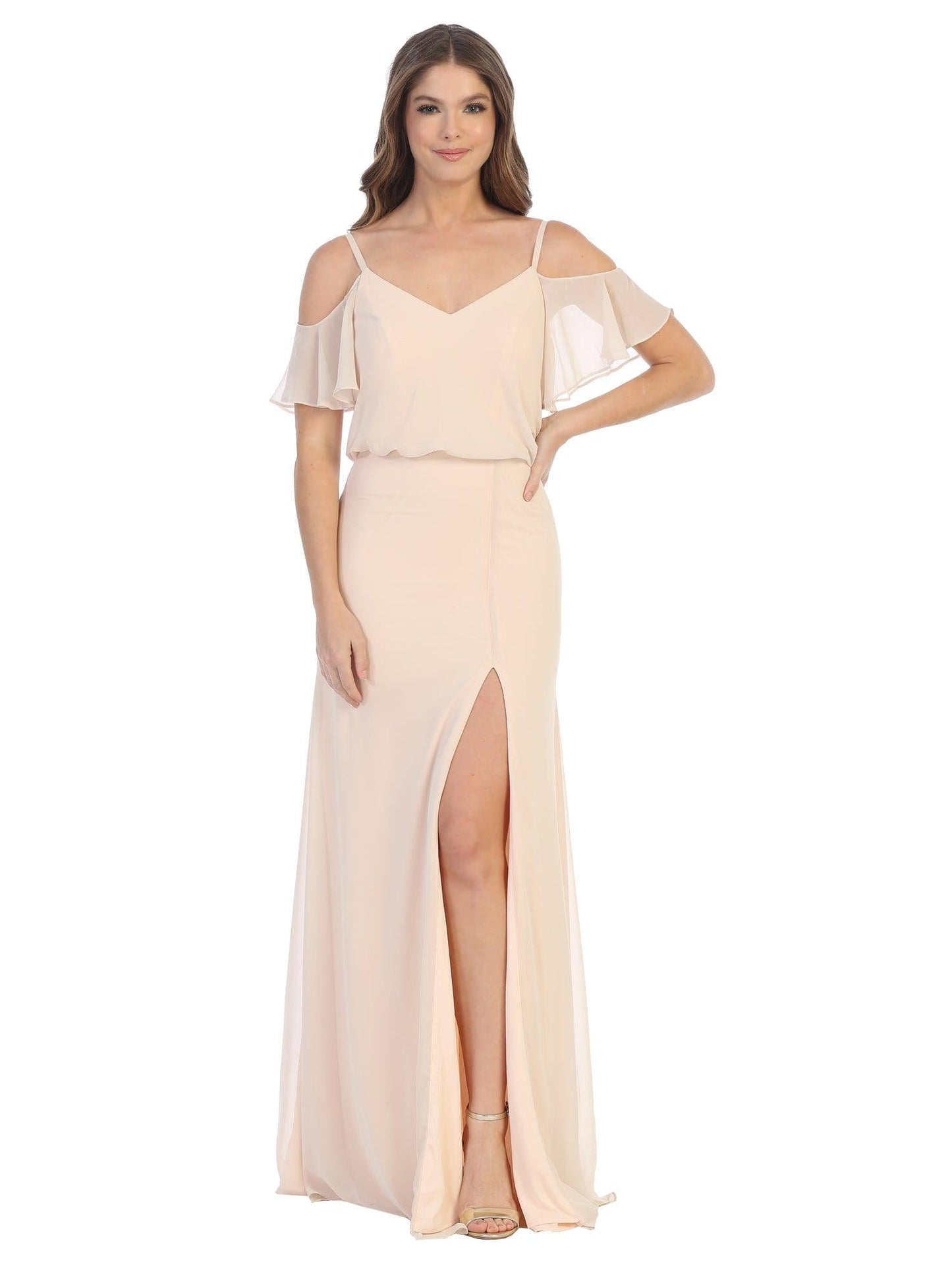 Long Bridesmaids Off Shoulder Blouson Dress - The Dress Outlet