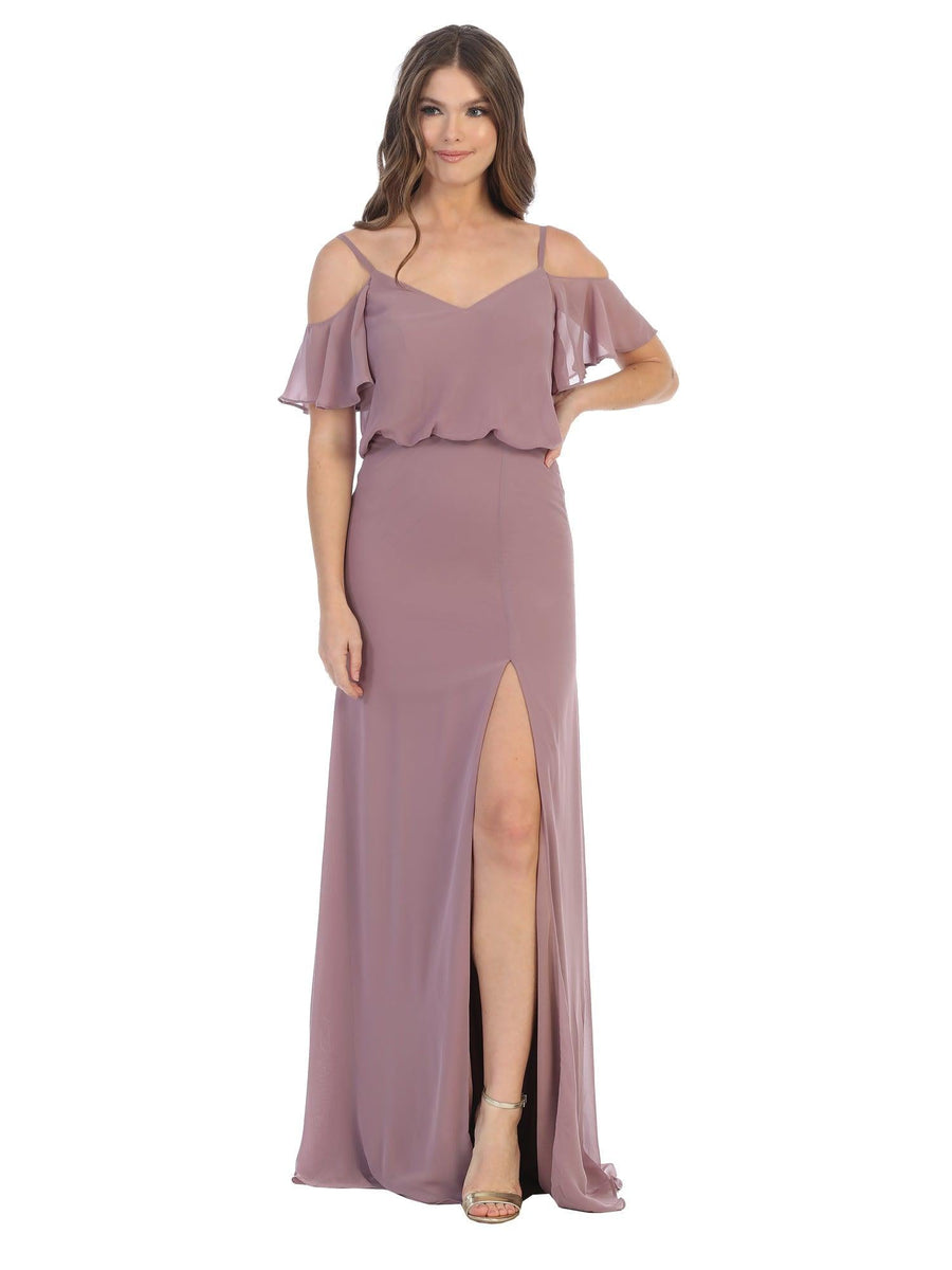 Long Bridesmaids Off Shoulder Blouson Dress - The Dress Outlet