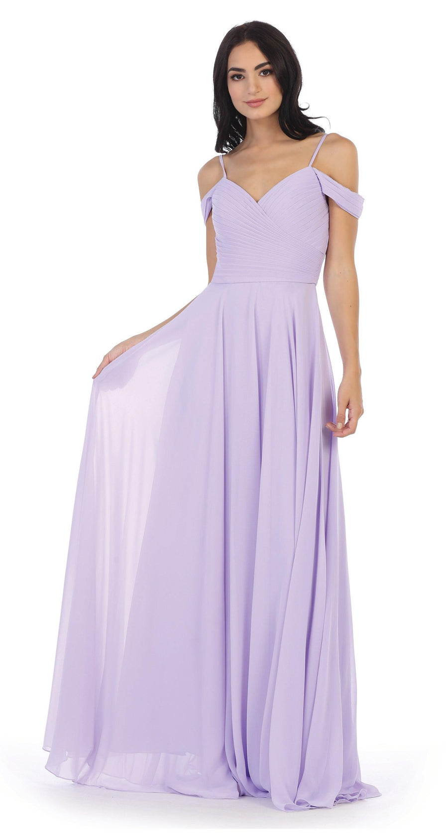 Long Bridesmaids Pleated Off Shoulder Chiffon Gown - The Dress Outlet