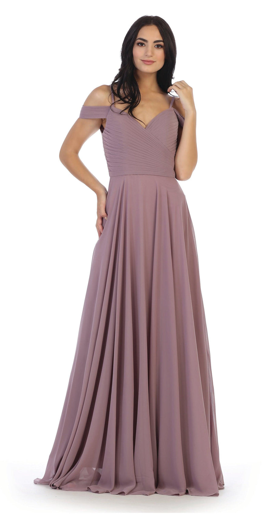 Long Bridesmaids Pleated Off Shoulder Chiffon Gown - The Dress Outlet