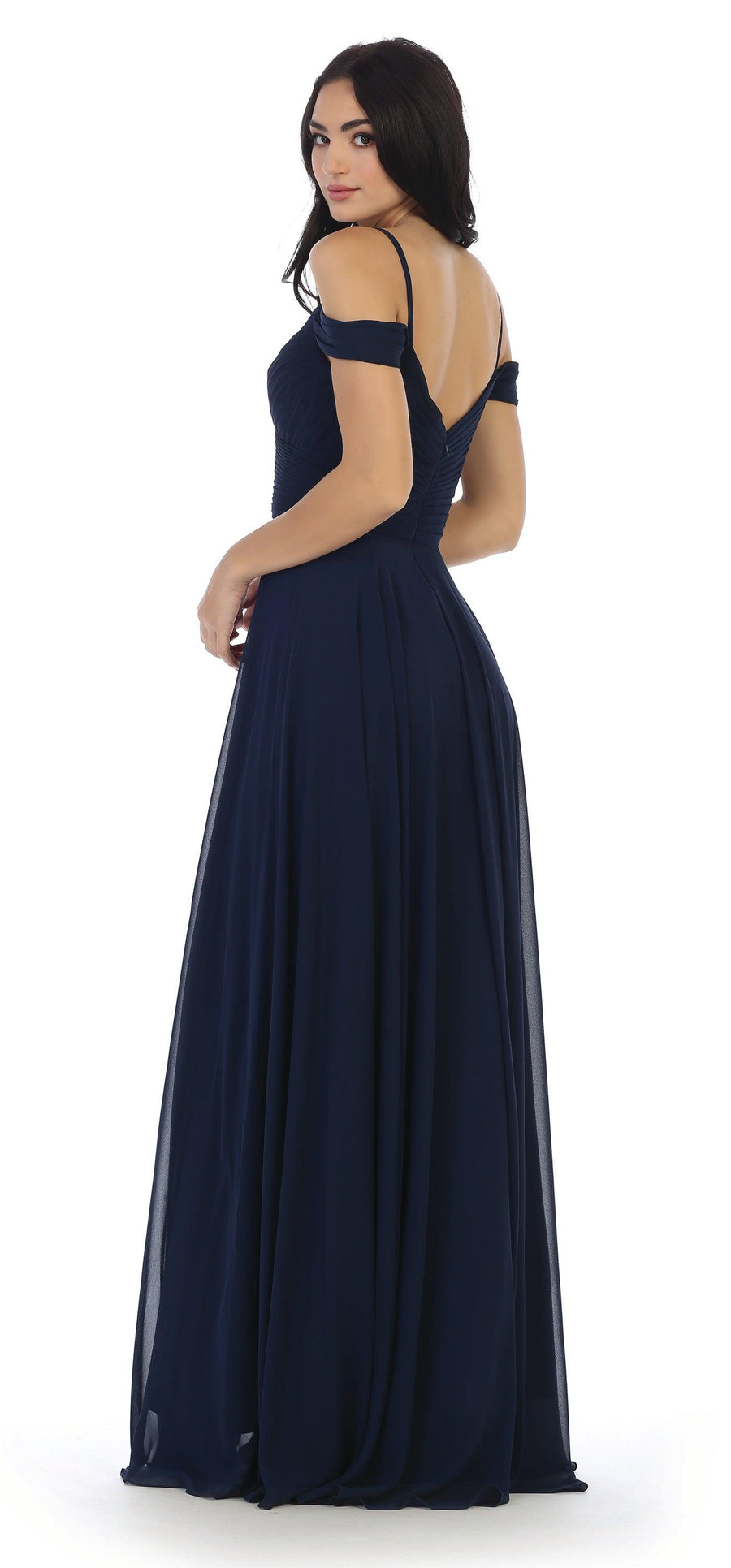 Long Bridesmaids Pleated Off Shoulder Chiffon Gown - The Dress Outlet