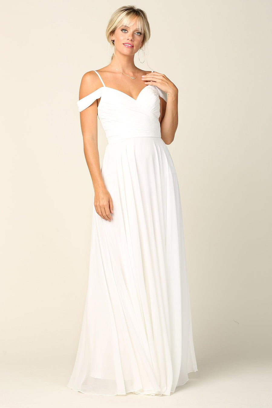 Long Bridesmaids Pleated Off Shoulder Chiffon Gown - The Dress Outlet