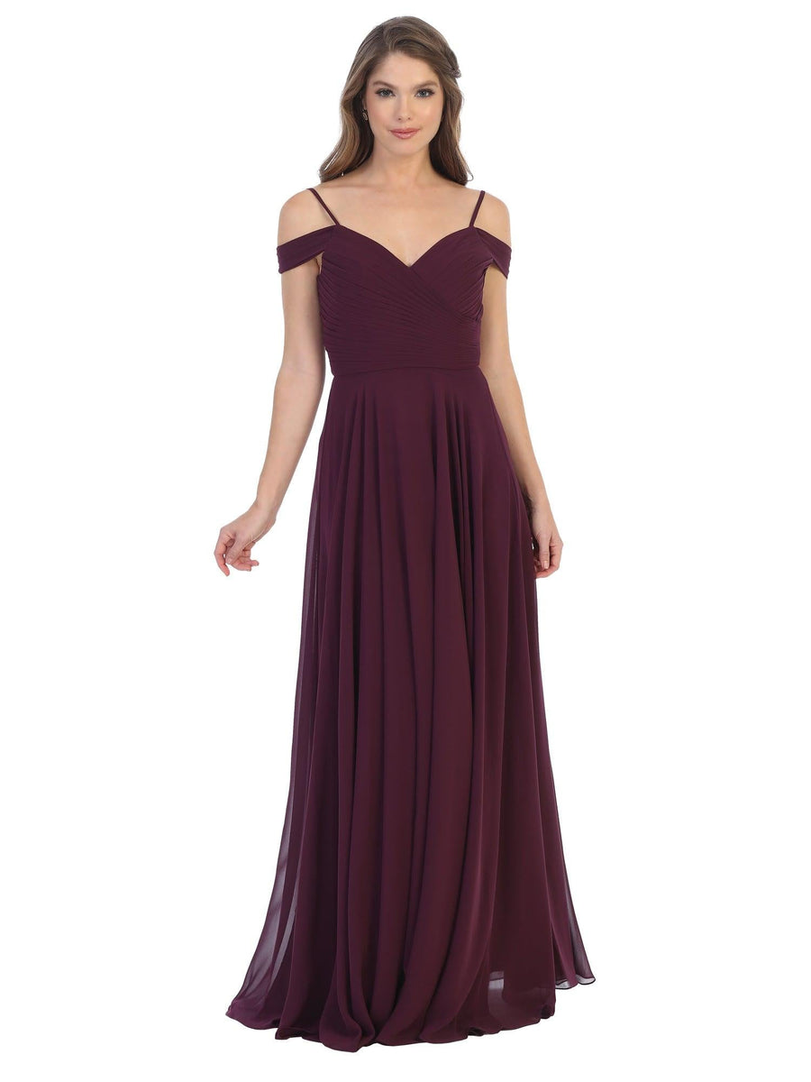 Long Bridesmaids Pleated Off Shoulder Chiffon Gown - The Dress Outlet