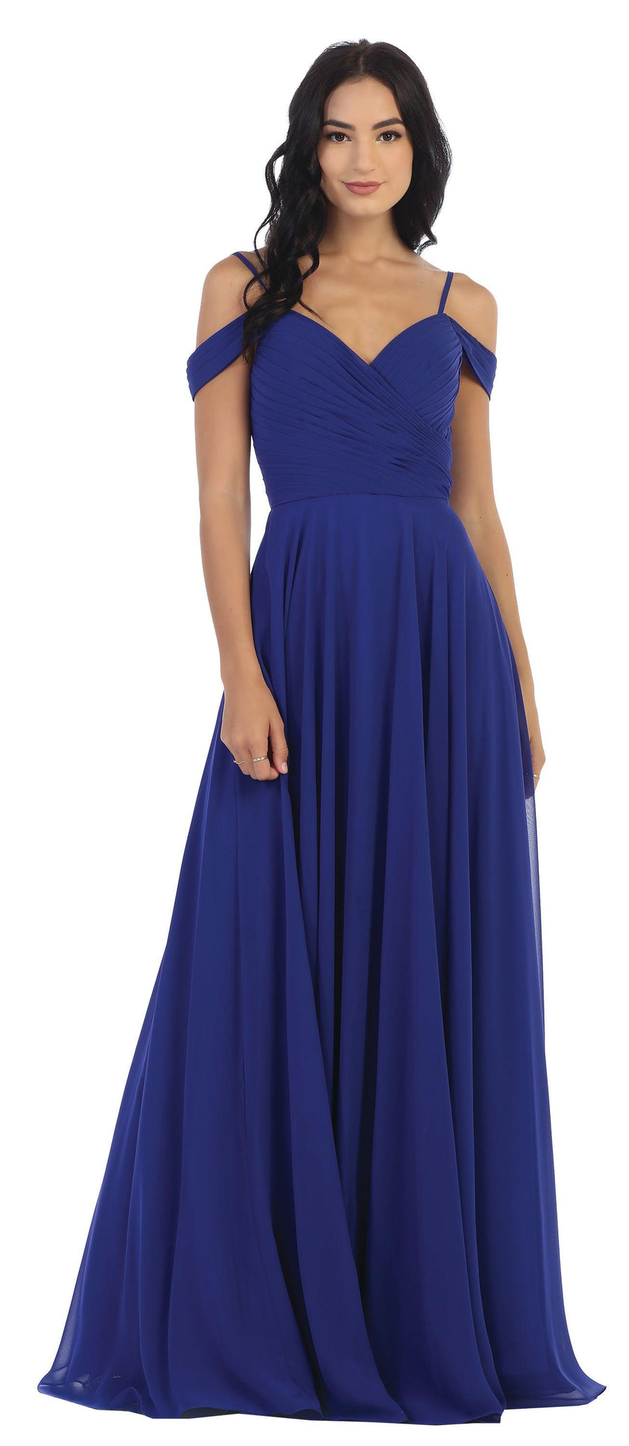 Long Bridesmaids Pleated Off Shoulder Chiffon Gown - The Dress Outlet