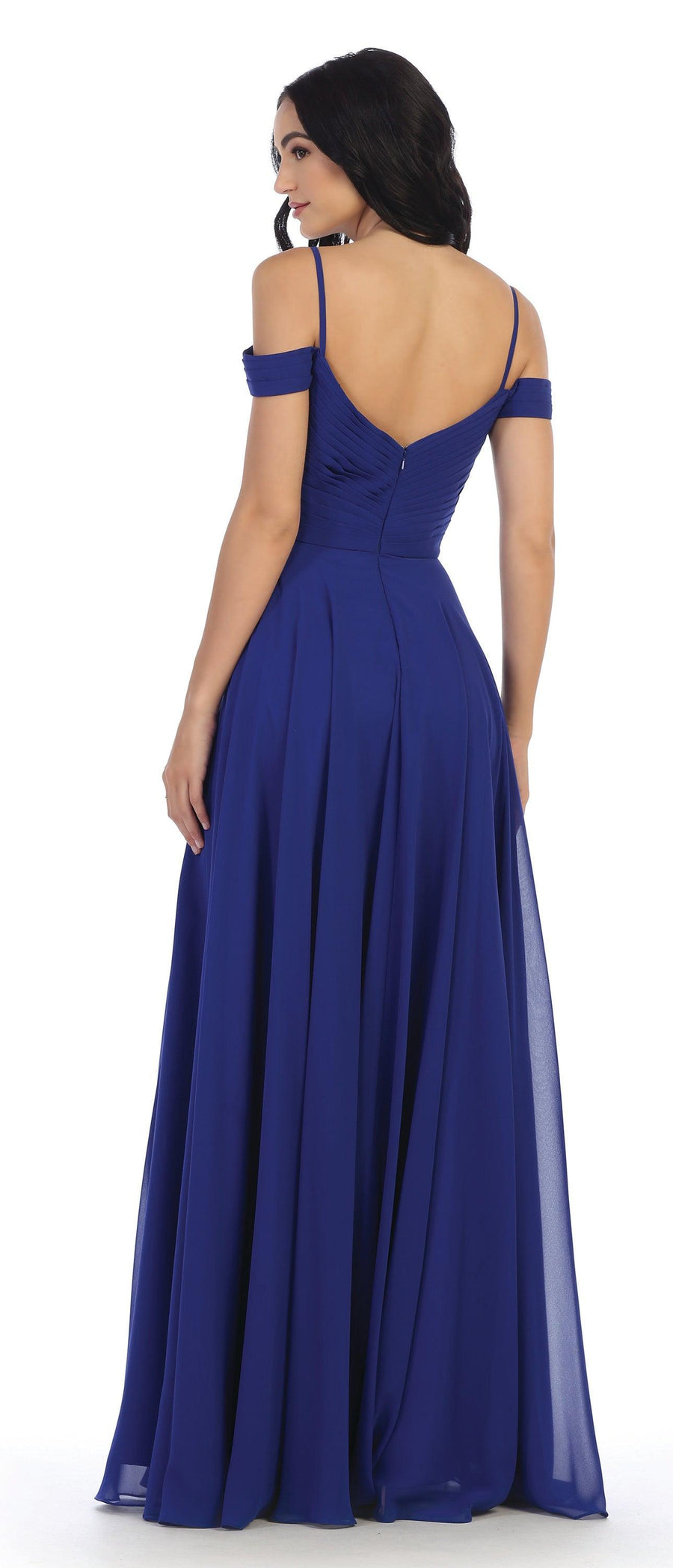 Long Bridesmaids Pleated Off Shoulder Chiffon Gown - The Dress Outlet