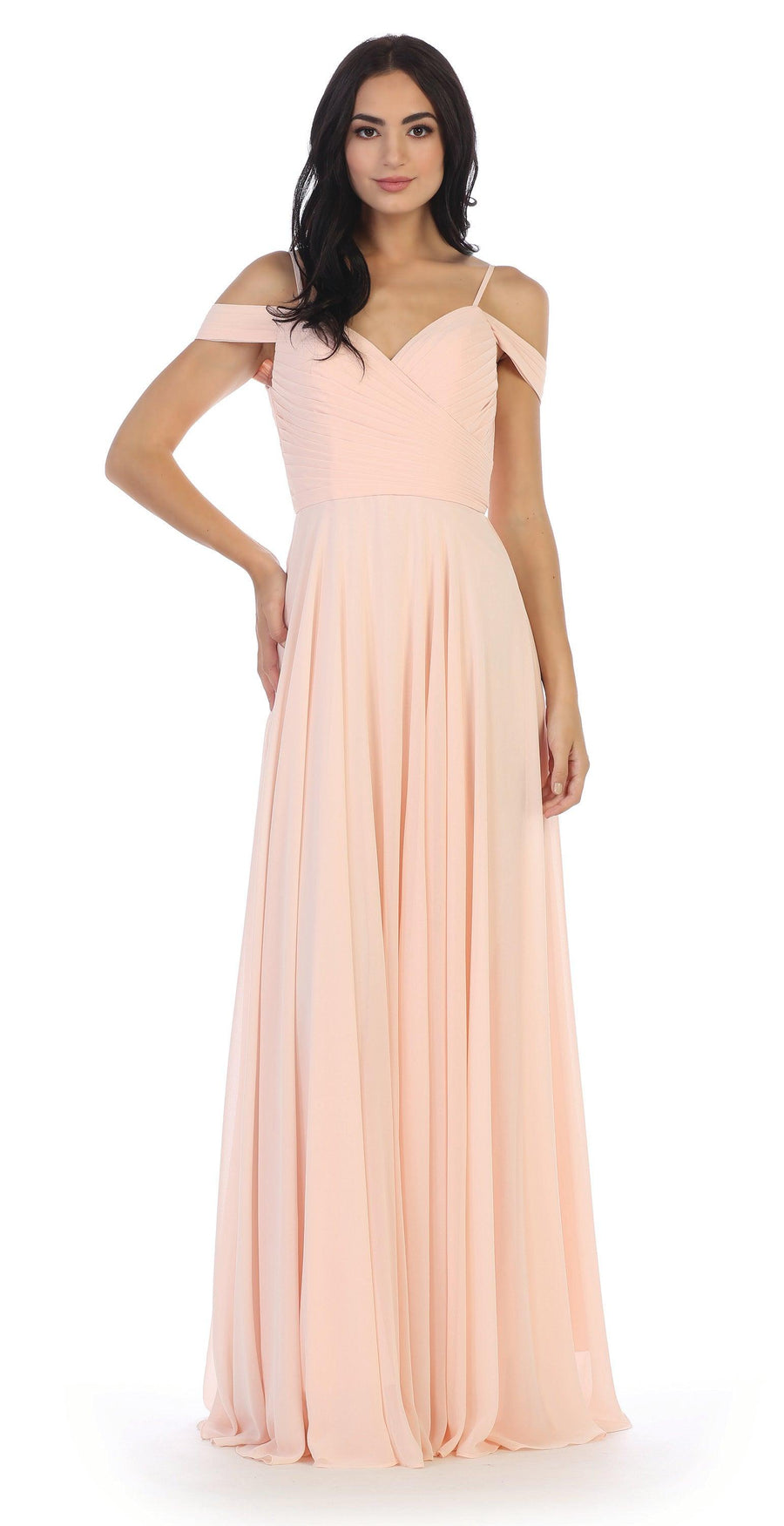 Long Bridesmaids Pleated Off Shoulder Chiffon Gown - The Dress Outlet