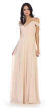 Long Bridesmaids Pleated Off Shoulder Chiffon Gown - The Dress Outlet