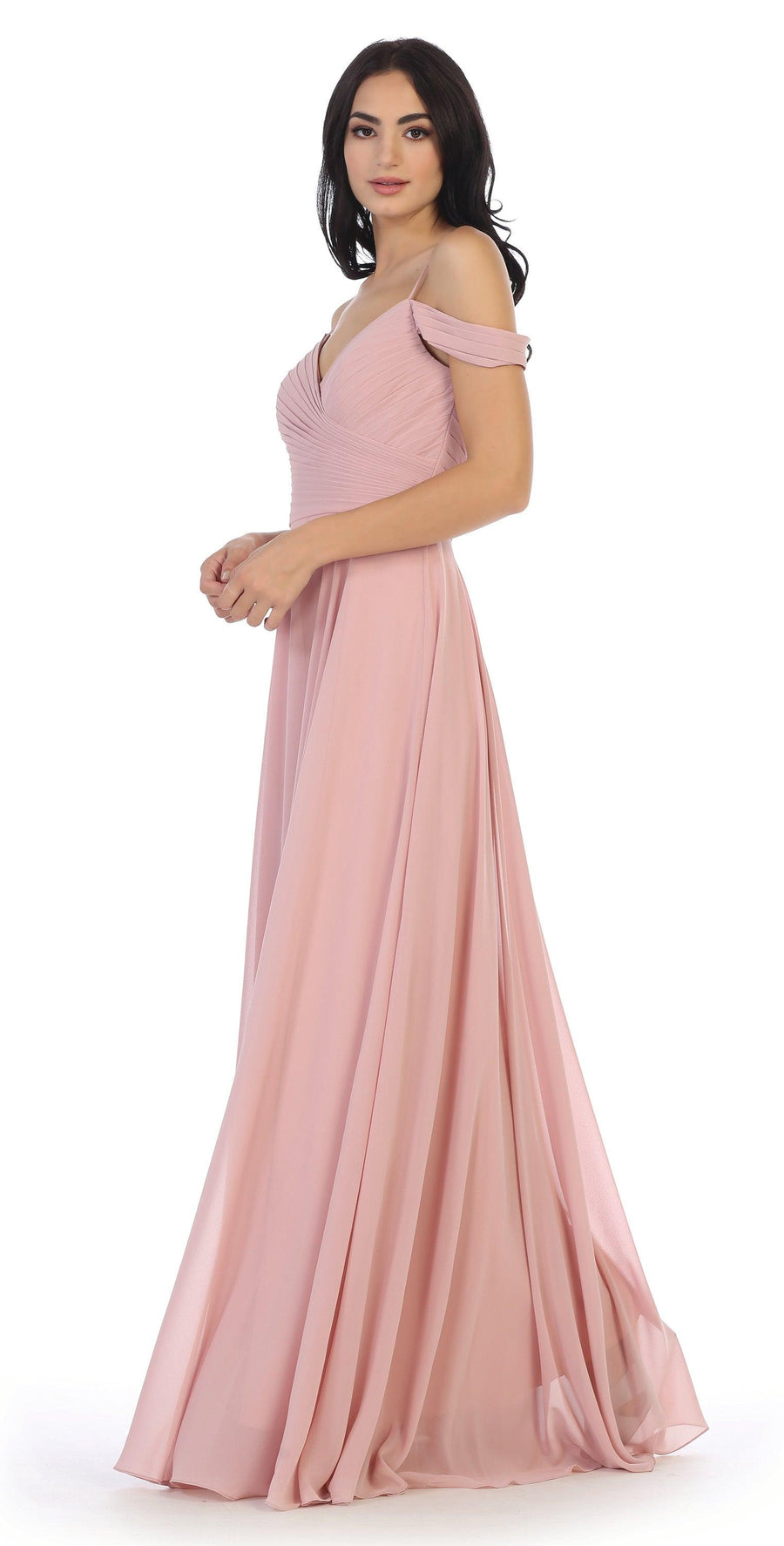 Long Bridesmaids Pleated Off Shoulder Chiffon Gown - The Dress Outlet