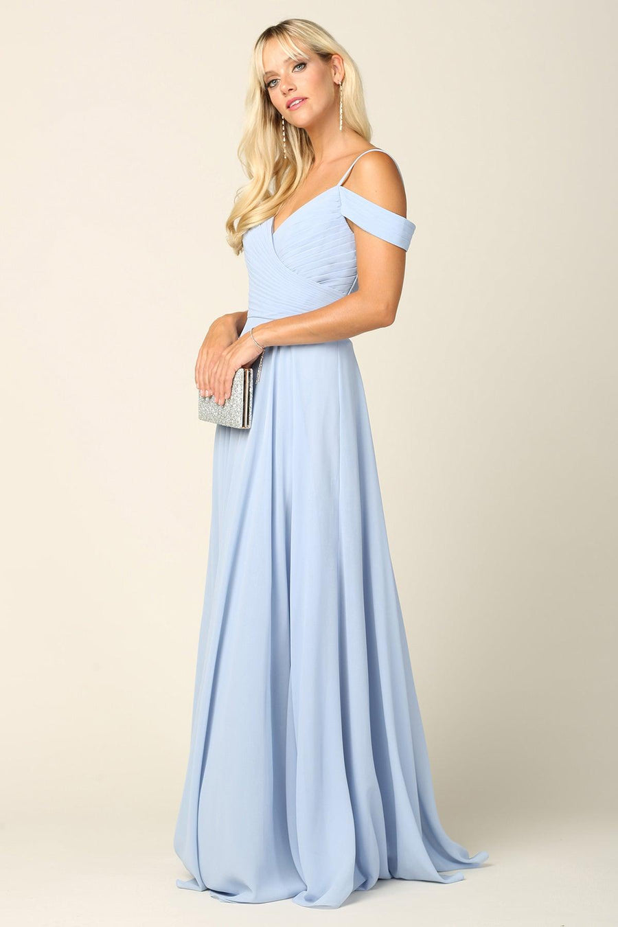 Long Bridesmaids Pleated Off Shoulder Chiffon Gown - The Dress Outlet