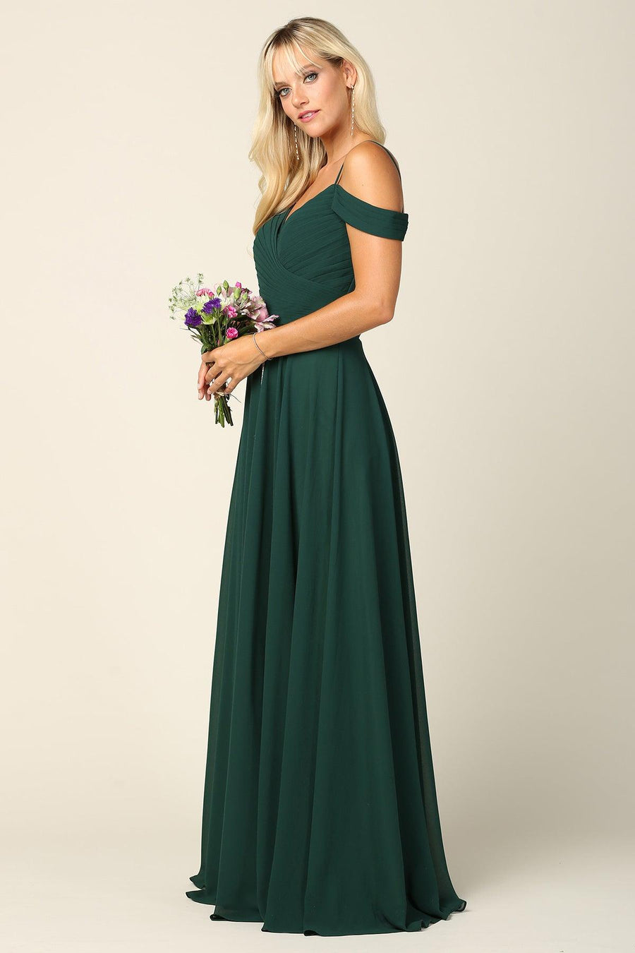 Long Bridesmaids Pleated Off Shoulder Chiffon Gown - The Dress Outlet