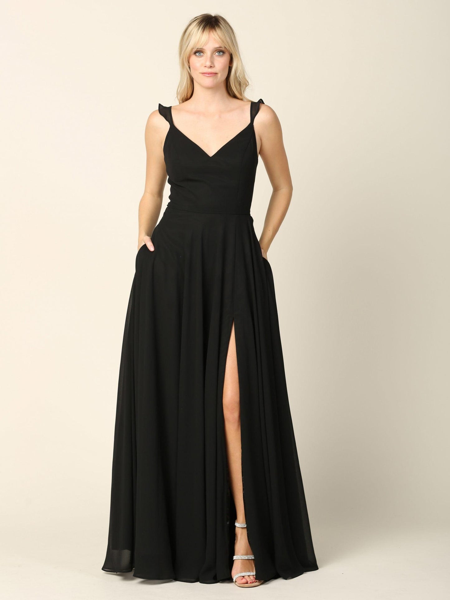 Long Bridesmaids Ruffle Sleeve Chiffon Gown Sale - The Dress Outlet