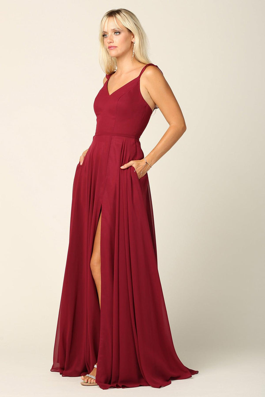 Long Bridesmaids Ruffle Sleeve Chiffon Gown - The Dress Outlet