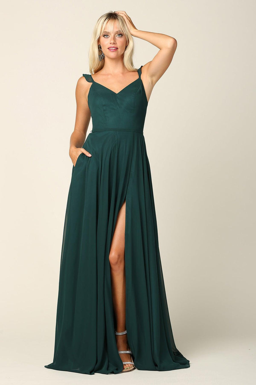 Long Bridesmaids Ruffle Sleeve Chiffon Gown - The Dress Outlet