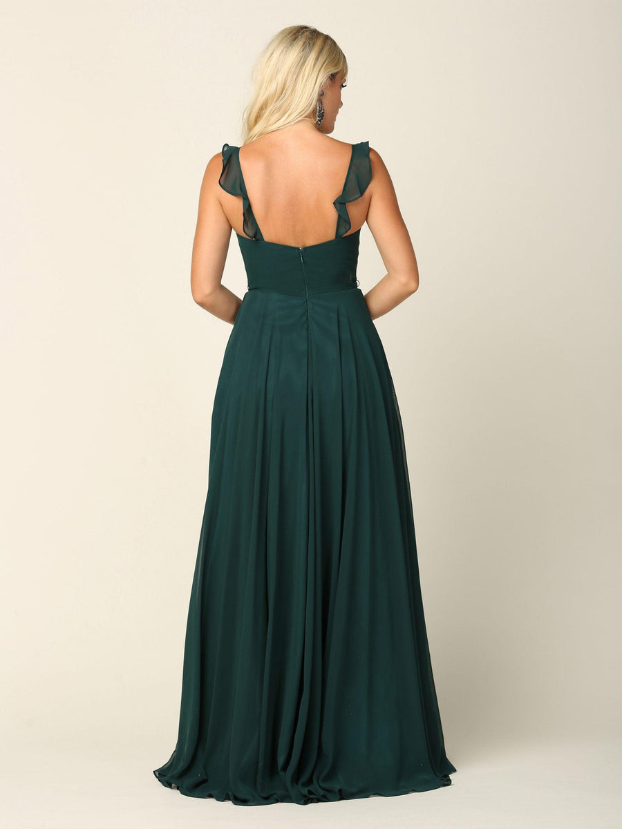 Long Bridesmaids Ruffle Sleeve Chiffon Gown - The Dress Outlet