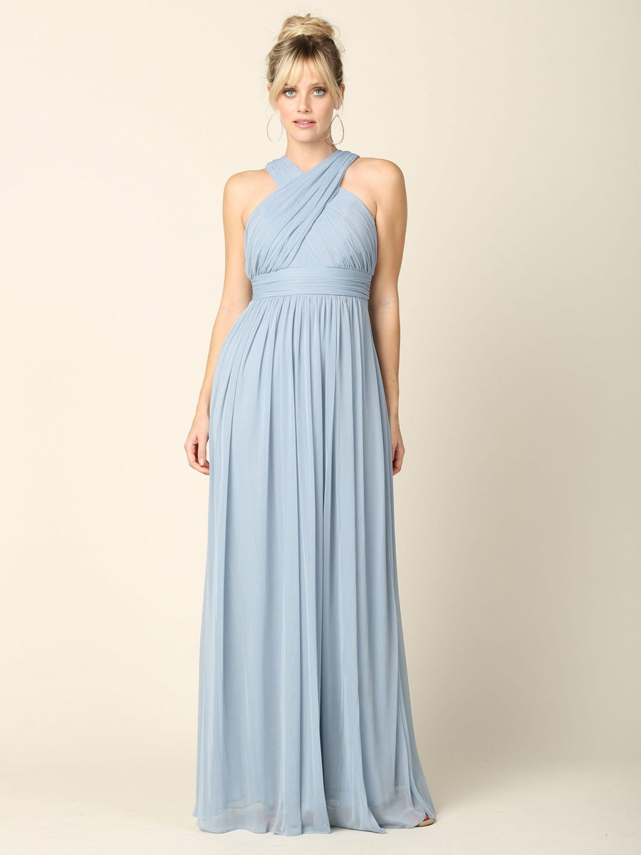 Long Criss Cross Halter Bridesmaid Dress - The Dress Outlet