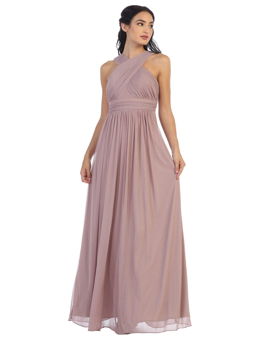 Long Criss Cross Halter Bridesmaid Dress - The Dress Outlet