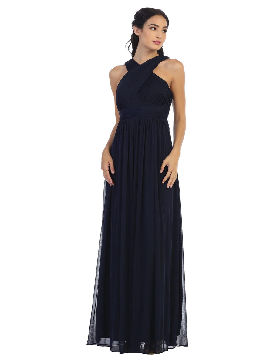 Long Criss Cross Halter Bridesmaid Dress - The Dress Outlet