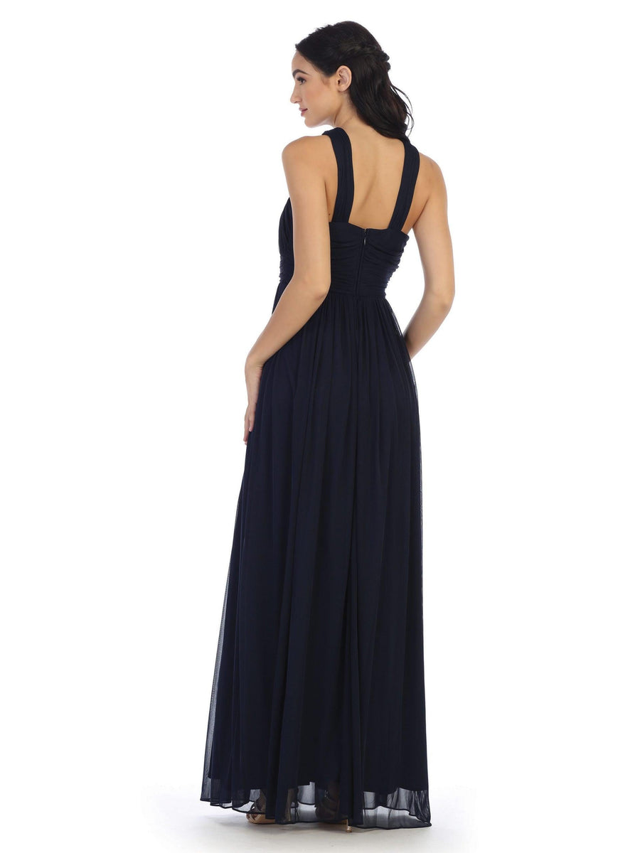 Long Criss Cross Halter Bridesmaid Dress - The Dress Outlet