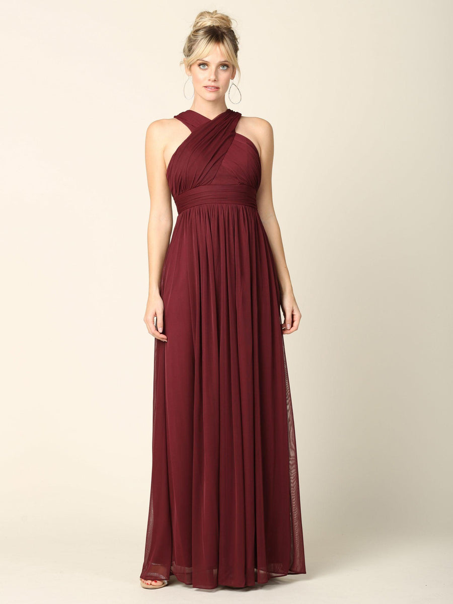 Long Criss Cross Halter Bridesmaid Dress - The Dress Outlet