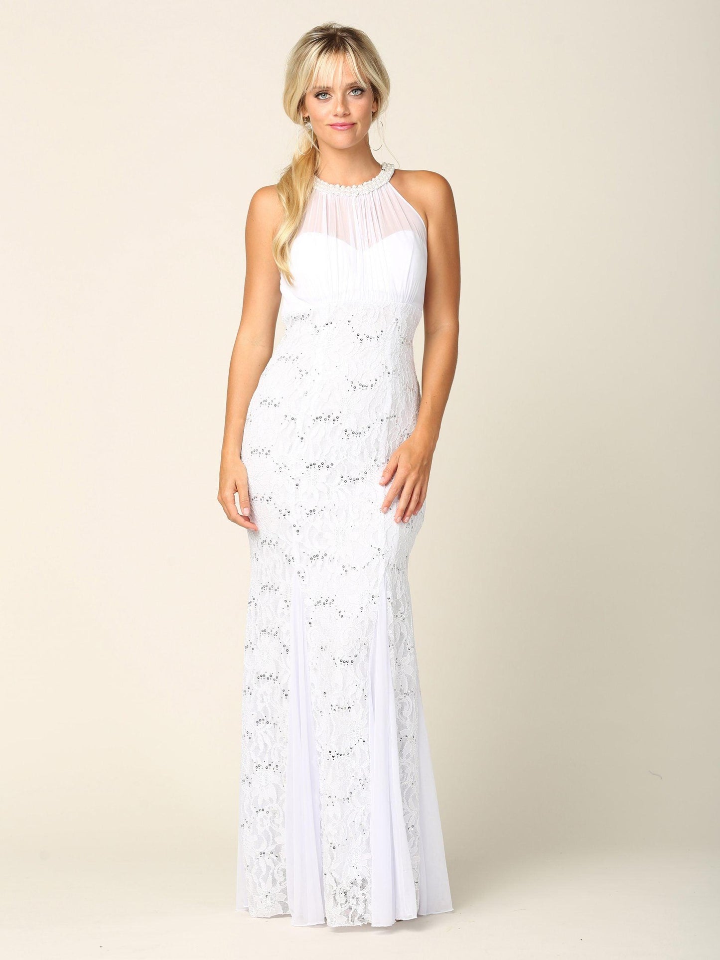 Long Fitted Formal Halter Lace Chiffon Dress - The Dress Outlet