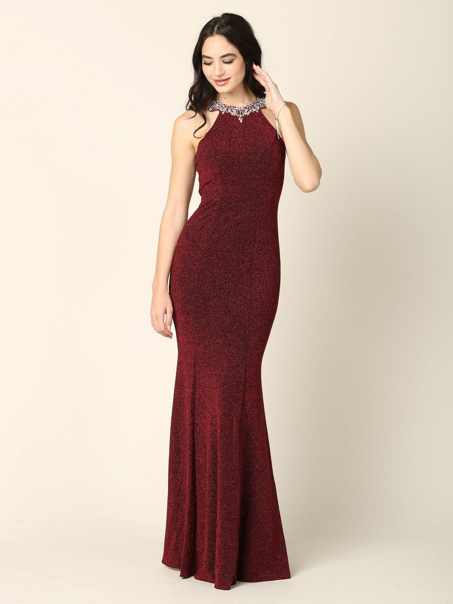 Long Fitted Halter Metallic Prom Dress - The Dress Outlet