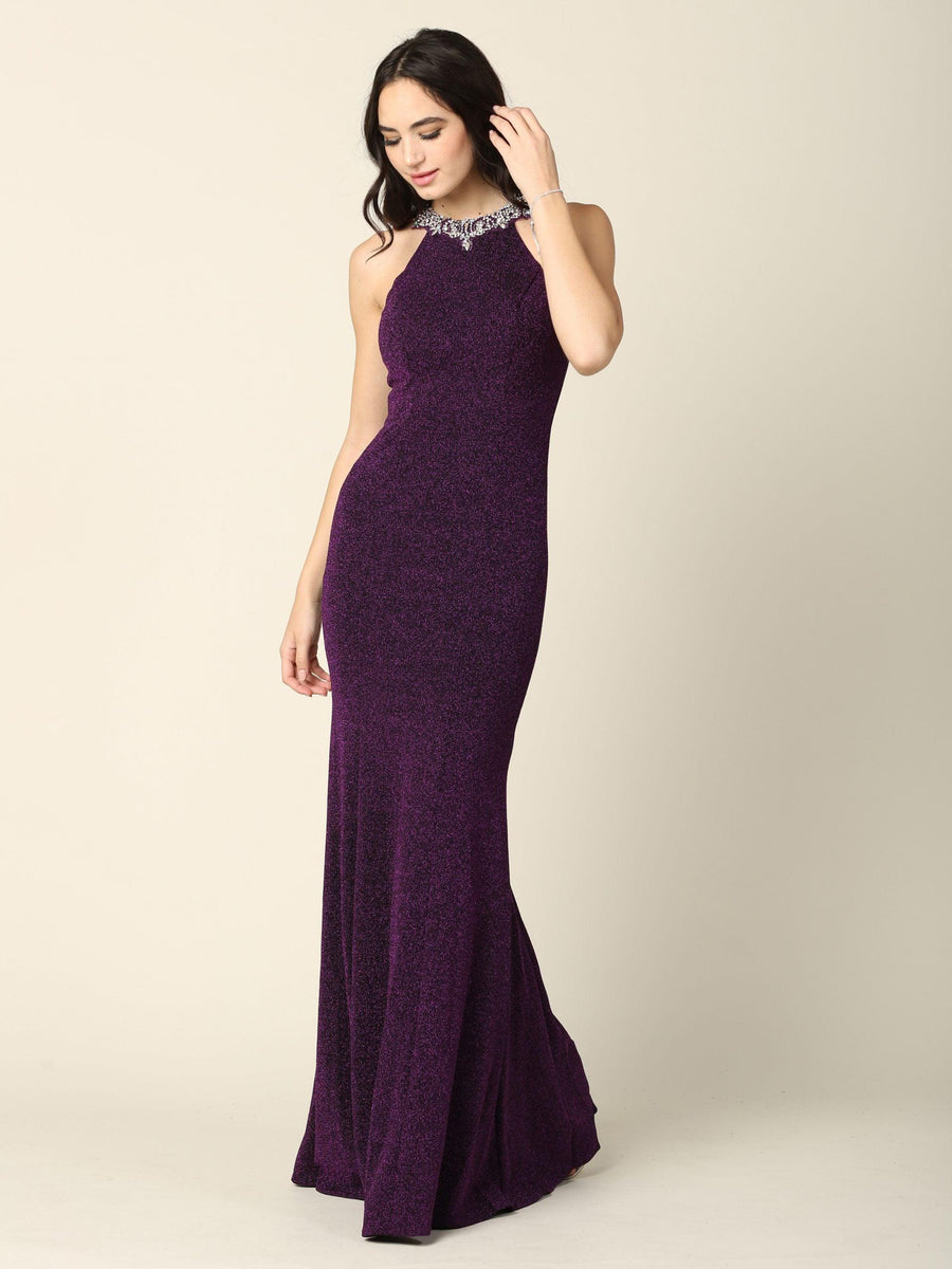 Long Fitted Halter Metallic Prom Dress - The Dress Outlet