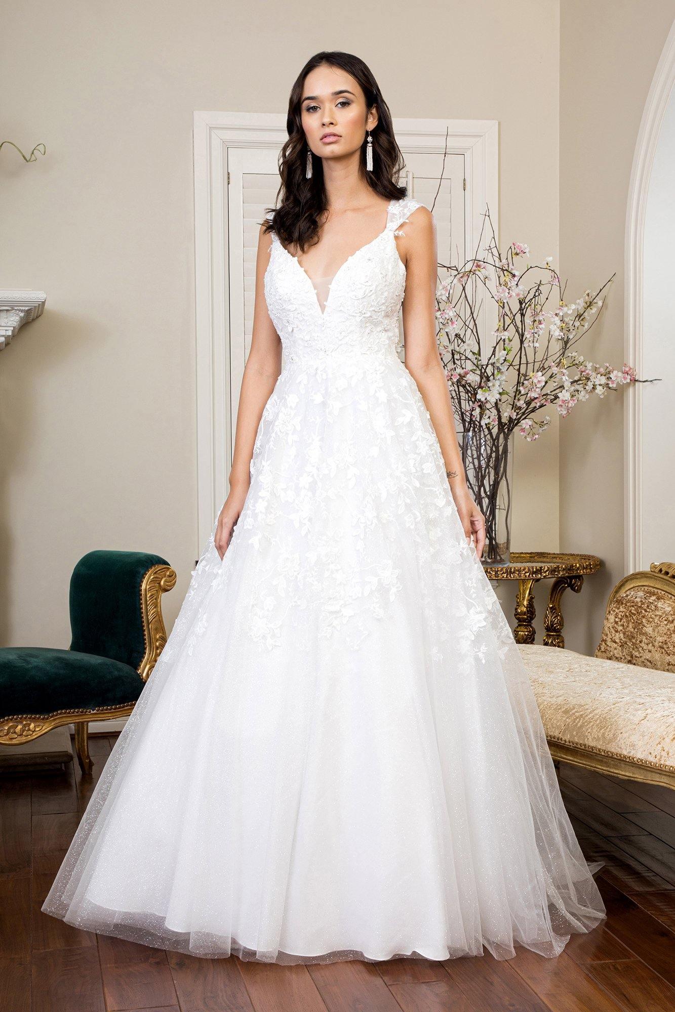 Long Floral Cap Sleeve Glitter Mesh Wedding Gown Sale - The Dress Outlet