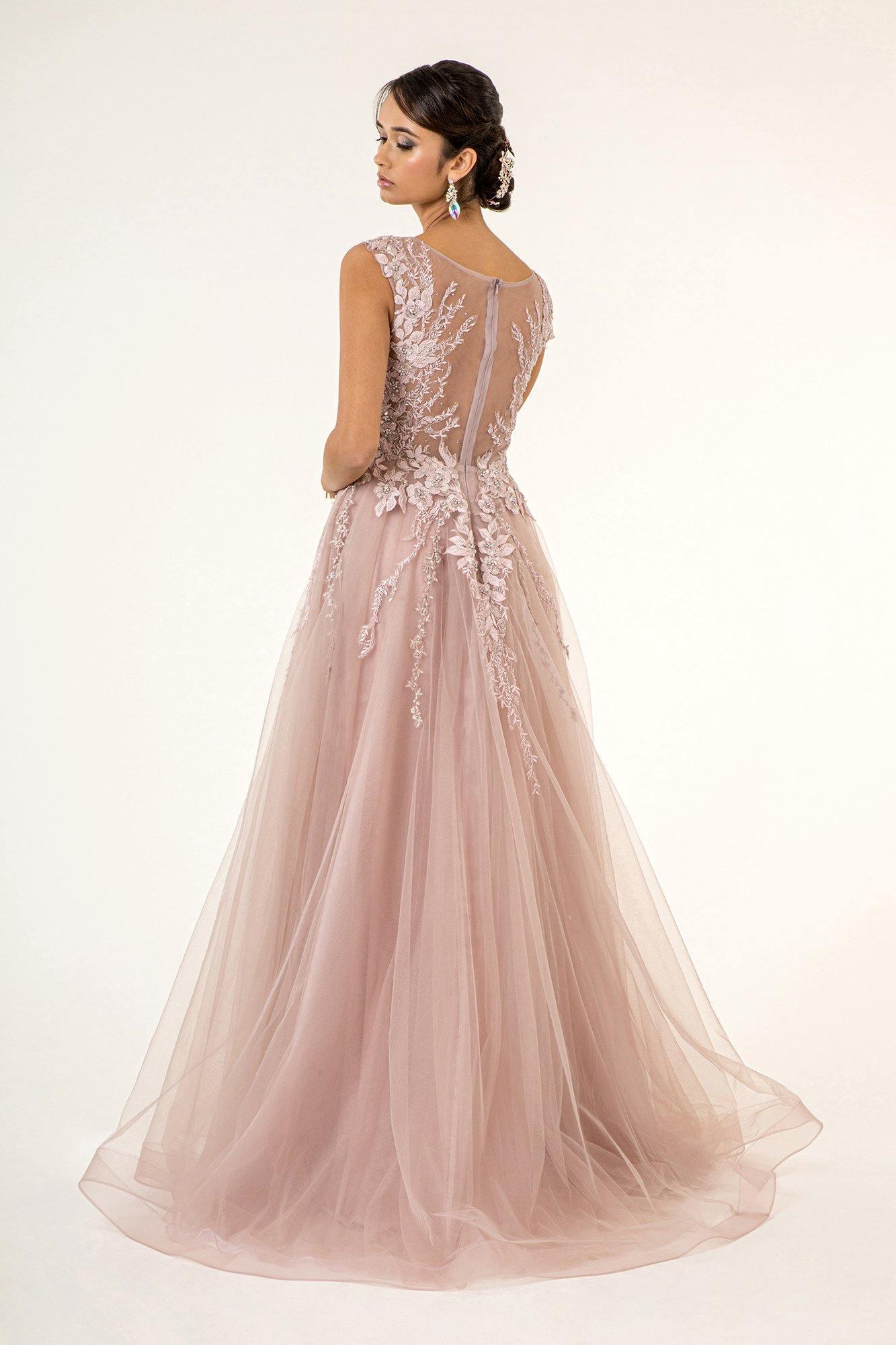 Long Formal Cap Sleeve A Line Evening Prom Dress - The Dress Outlet