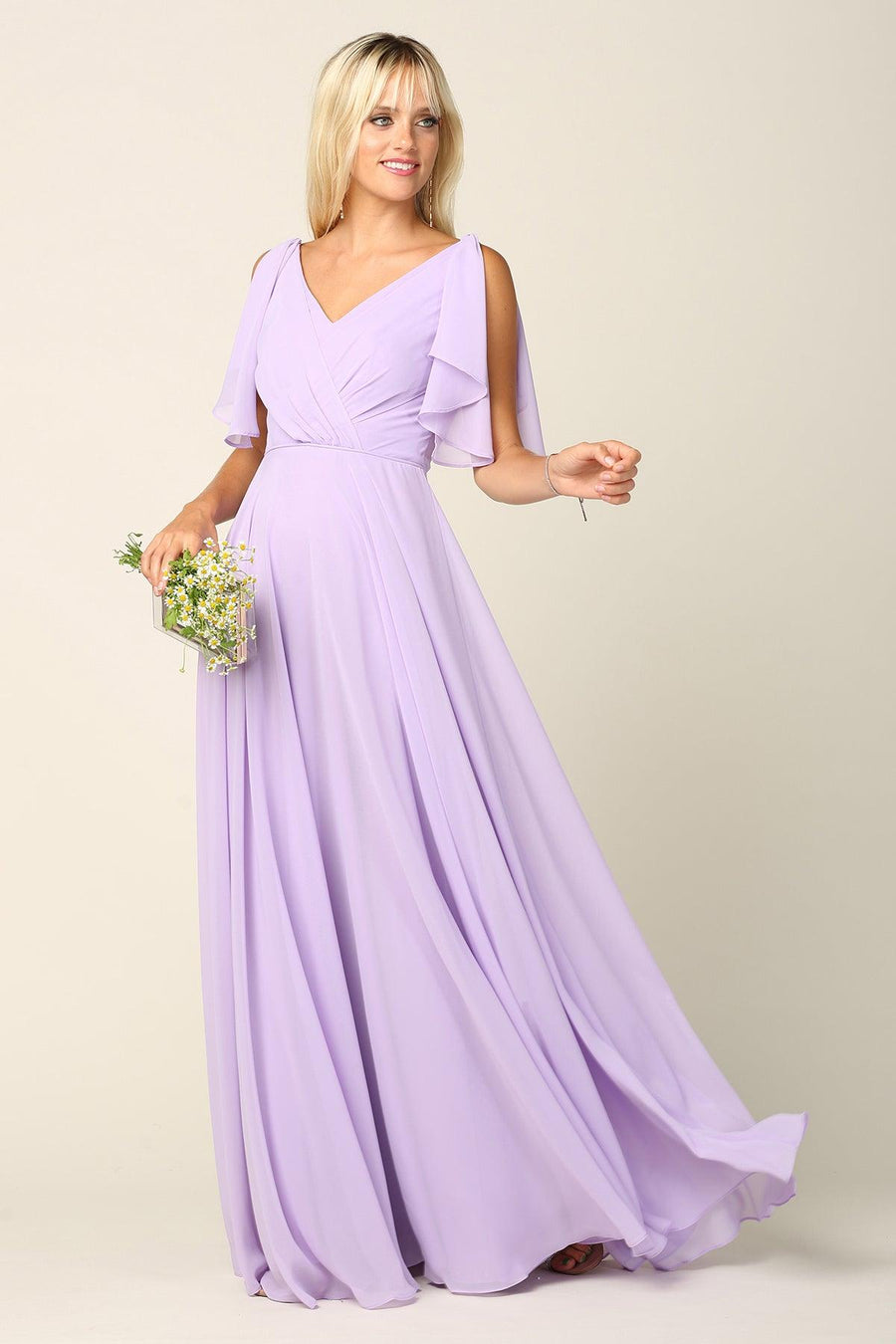 Long Formal Flutter Sleeves Bridesmaids Dress - The Dress Outlet