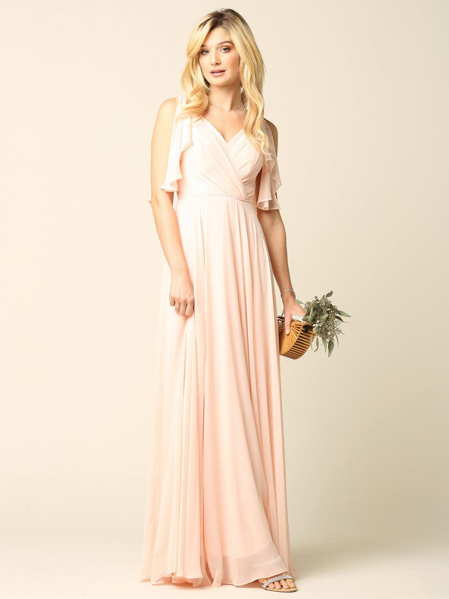 Long Formal Flutter Sleeves Bridesmaids Dress - The Dress Outlet