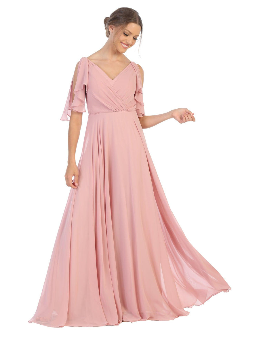 Long Formal Flutter Sleeves Bridesmaids Dress - The Dress Outlet