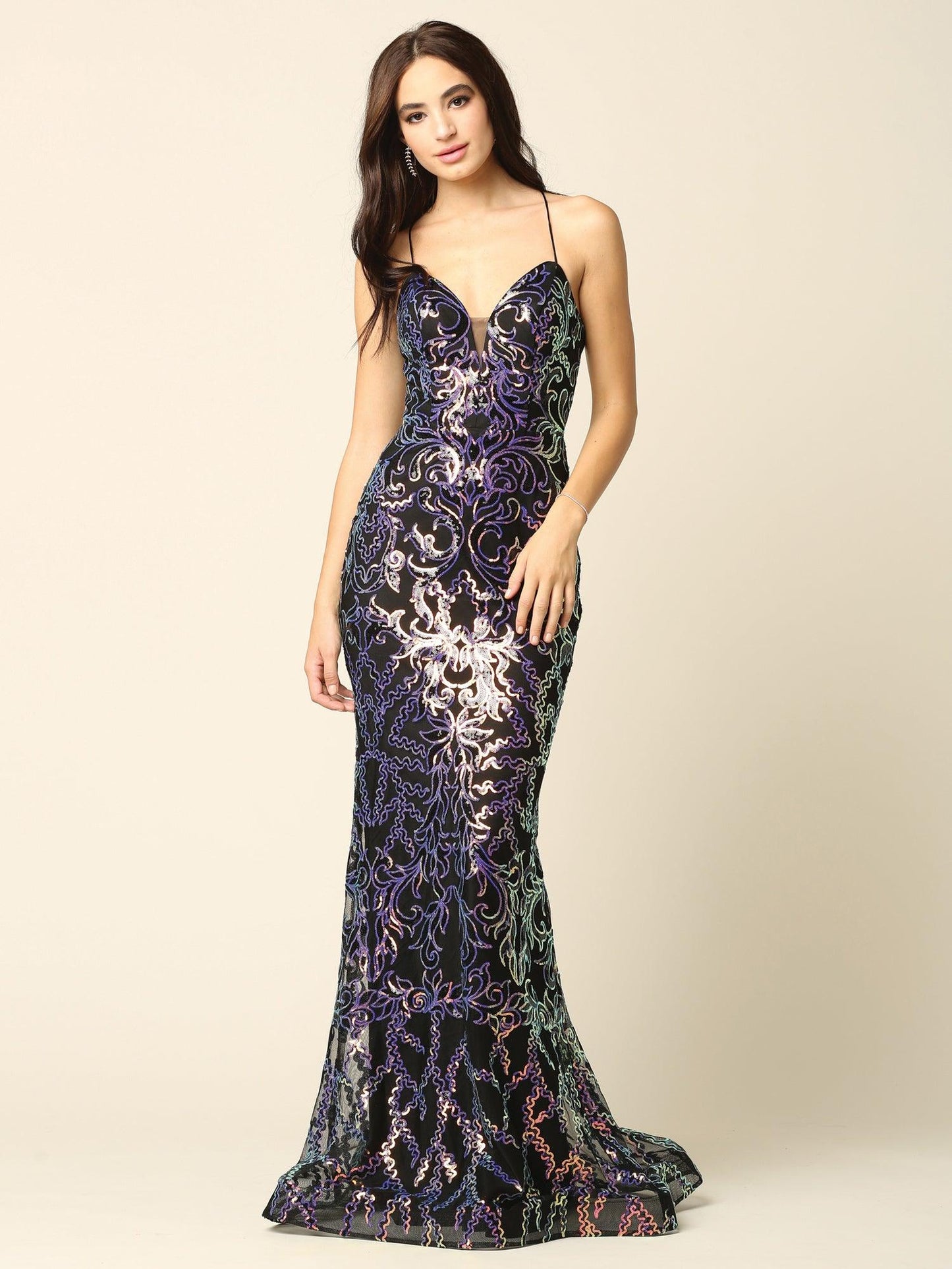 Long Formal Spaghetti Strap Fitted Prom Dress - The Dress Outlet